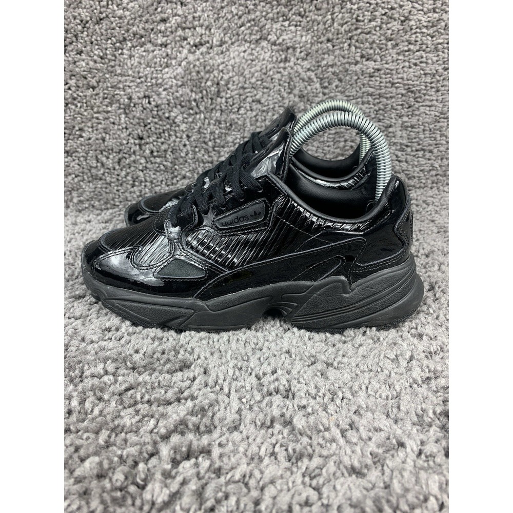 Adidas Womens Falcon Triple Black Patent‎ Leather Chunky Sneakers CG6248 Sz 6